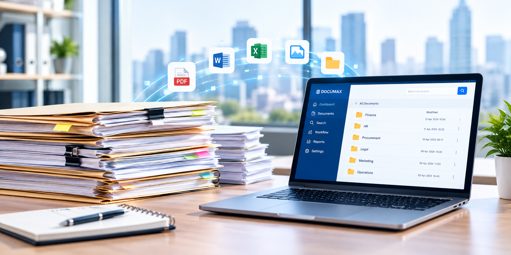 Ilustrasi DOCUMAX Document Management System dengan arsip digital dan laptop